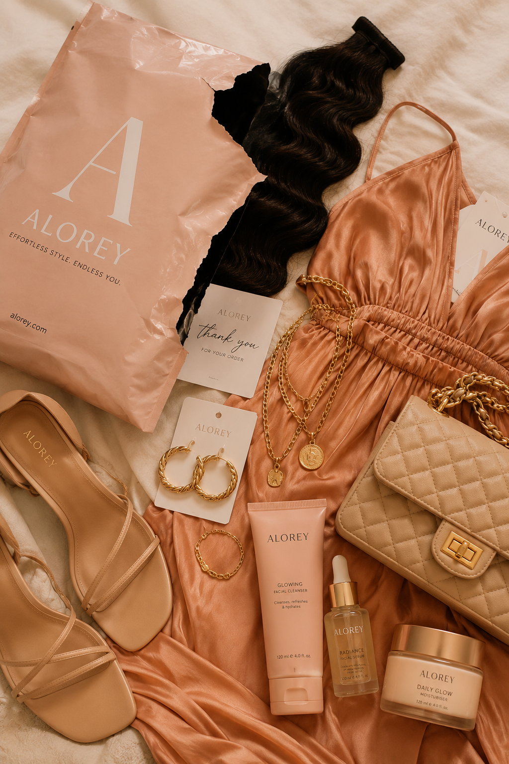 Alorey flatlay — clothing, beauty, hair, accessories