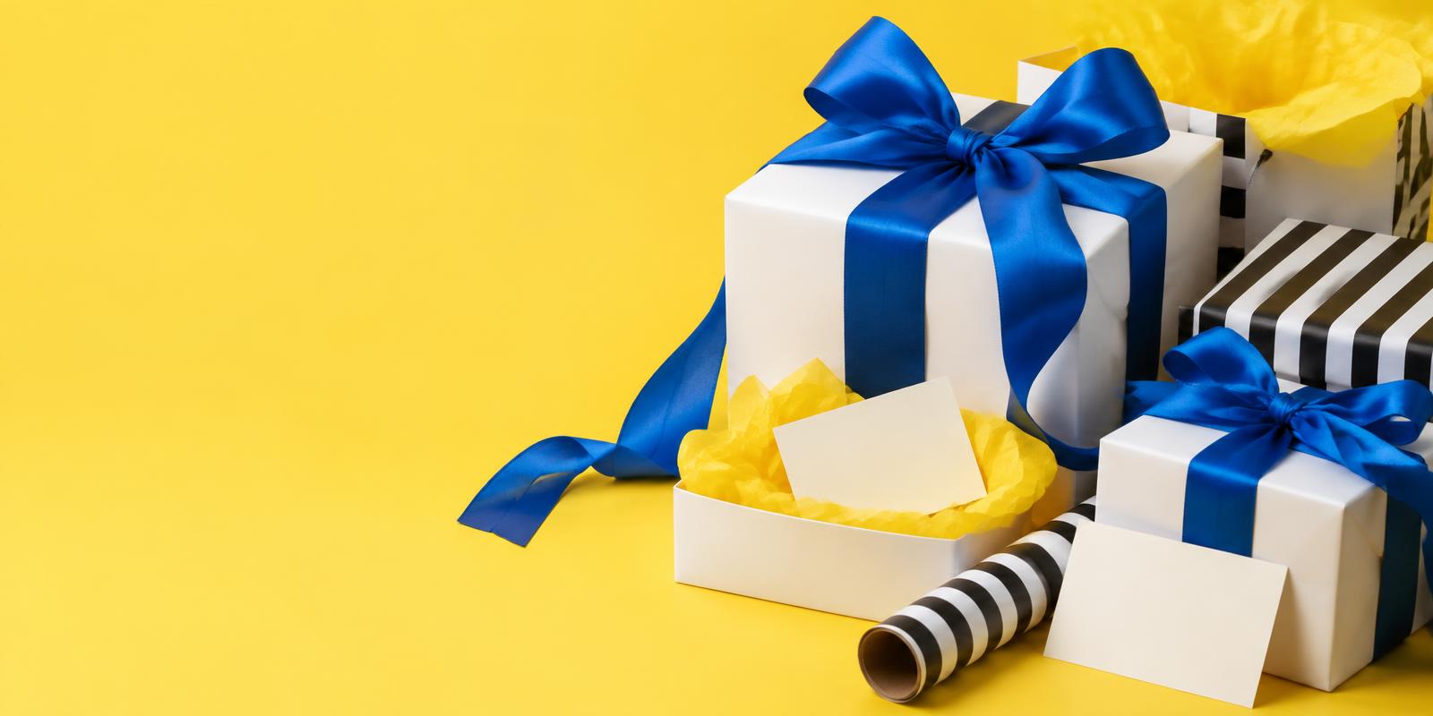 White gift boxes with blue ribbons and yellow tissue paper