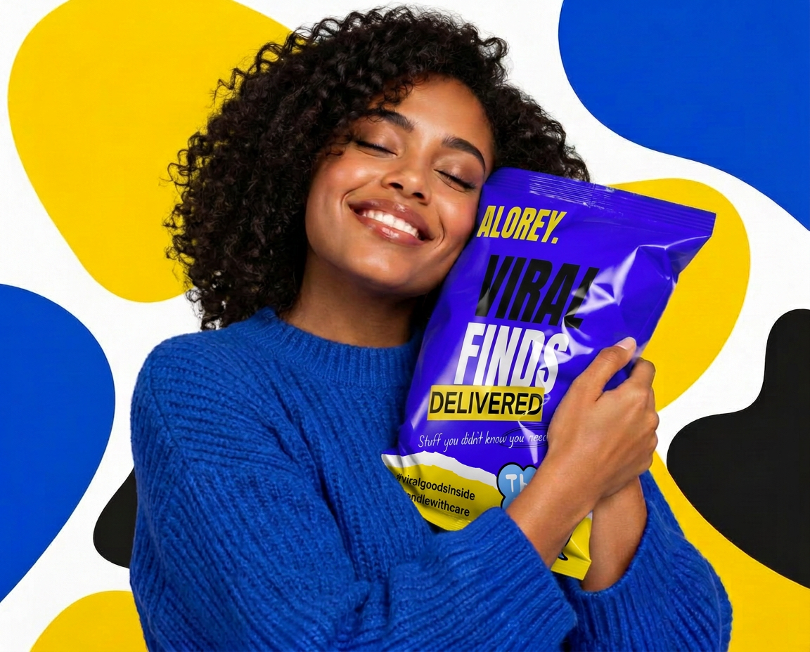 Shopper hugging a bright blue Alorey parcel against bold yellow and blue shapes